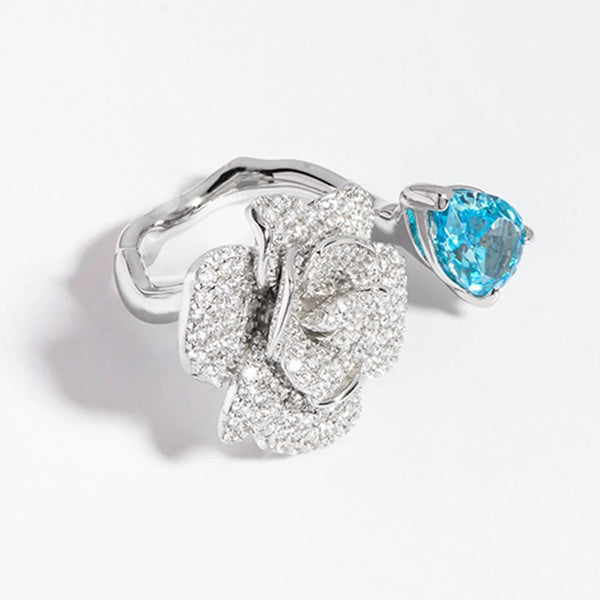 Wong Rain Romantic 925 Sterling Silver Pear Aquamarine High Carbon Diamond Gemstone Flower Open Ring For Women Fine Jewelry Gift