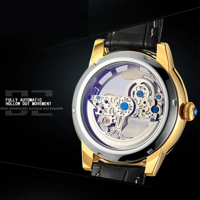 Stainless Steel Leather Strap Mechanical Skeleton Tourbillon Hollow Out Watch for Men