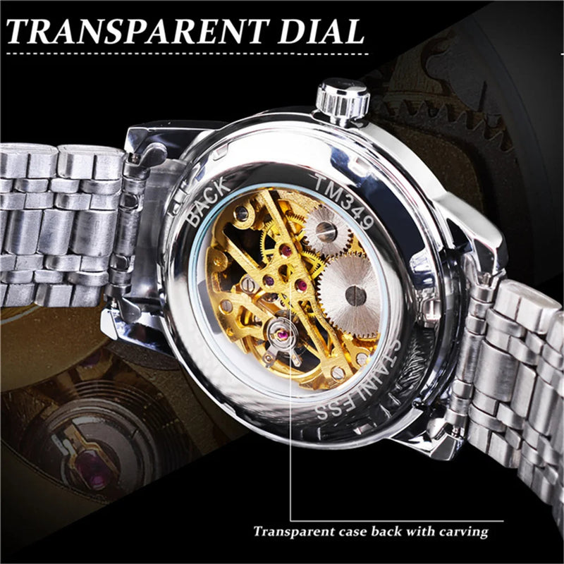 Stainless Steel Mechanical Skeleton Wristwatch for Men