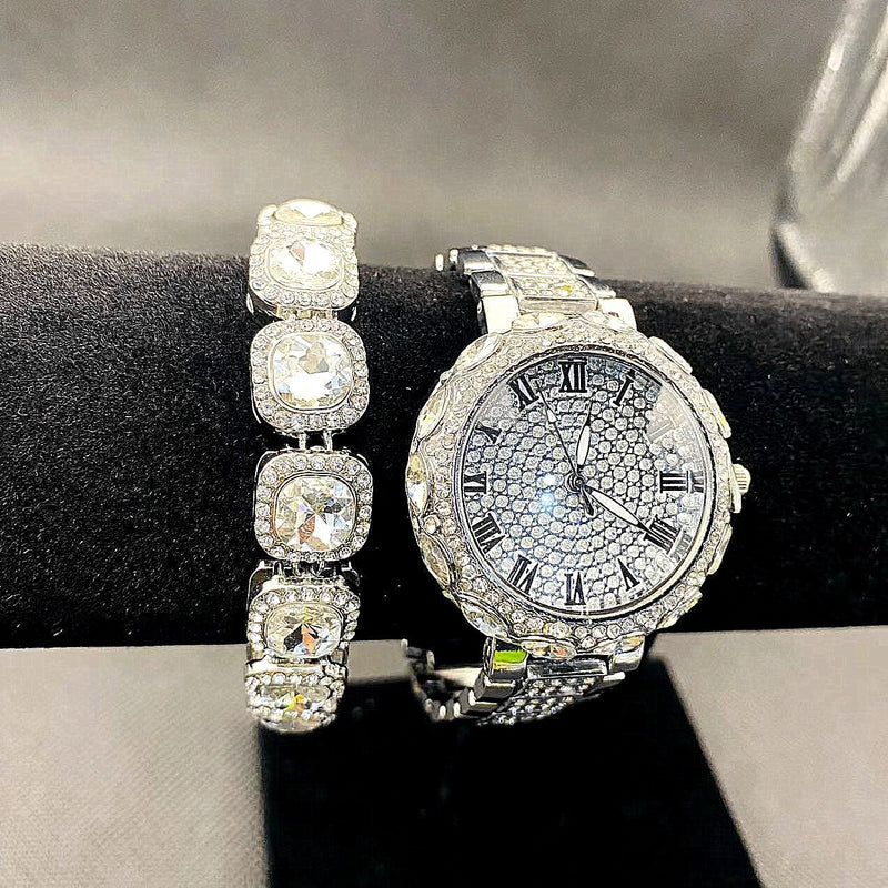 Silver/Gold Iced Out Diamond Watch with Tennis Chain Bracelet Set for Women