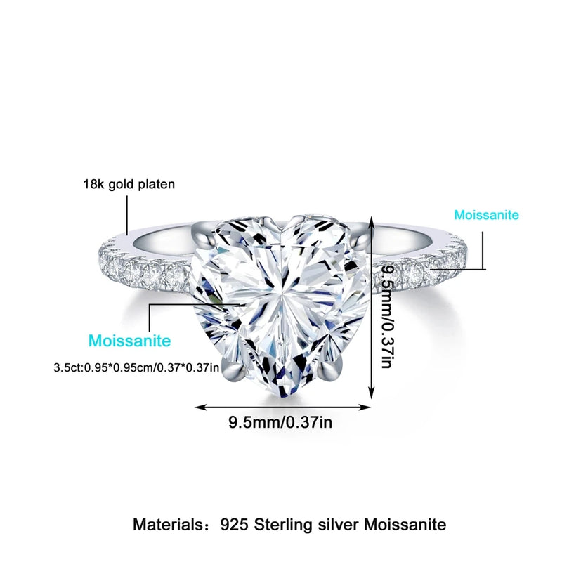 Sterling Silver 9.5MM Heart Cut Moissanite Engagement Ring for Women