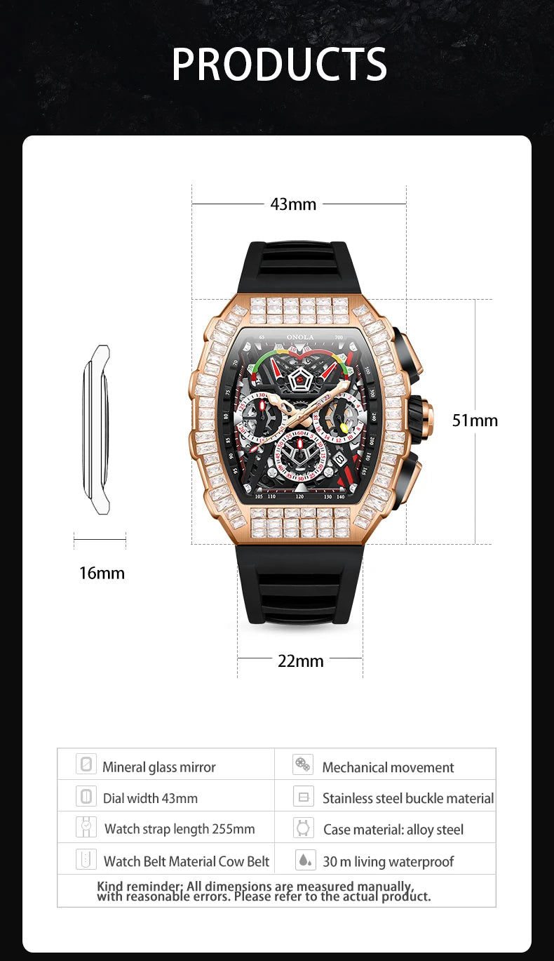 Stainless Steel Diamond Inlaid Automatic Mechanical Waterproof Watch for Men