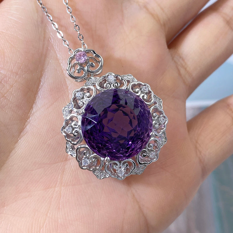 925 Sterling Silver Amethyst Round Pendant Necklace for Women