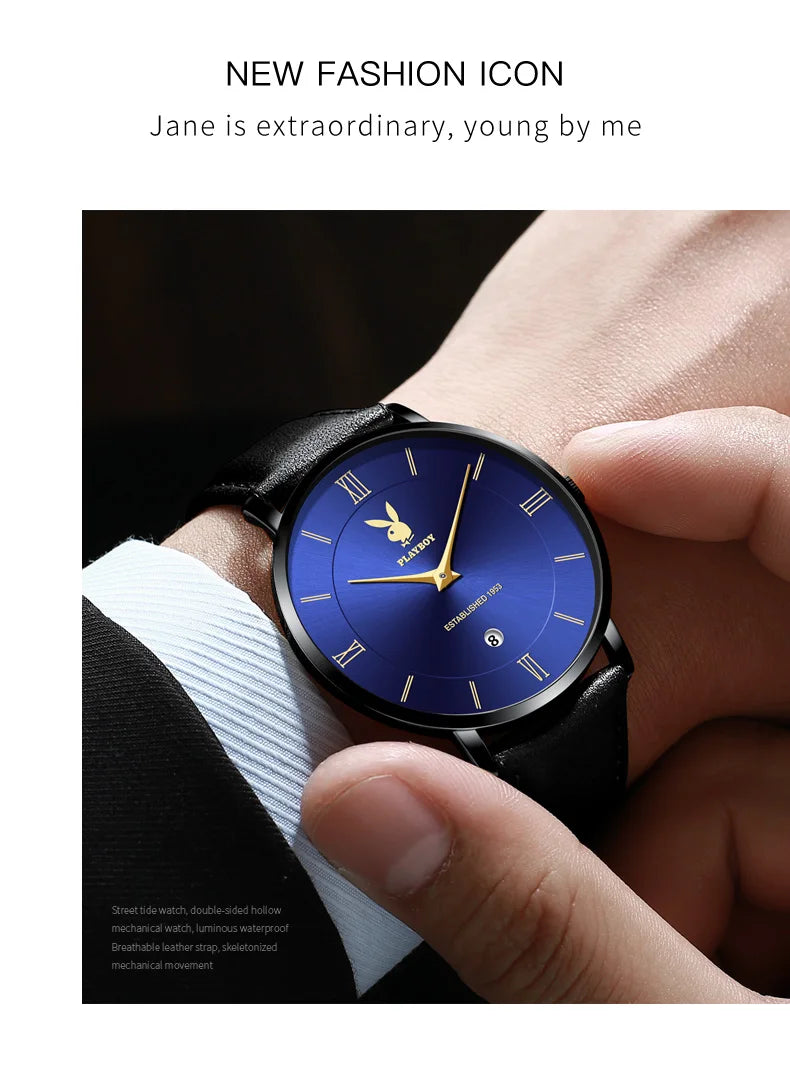 Stainless Steel Leather Strap Quartz Watch for Men