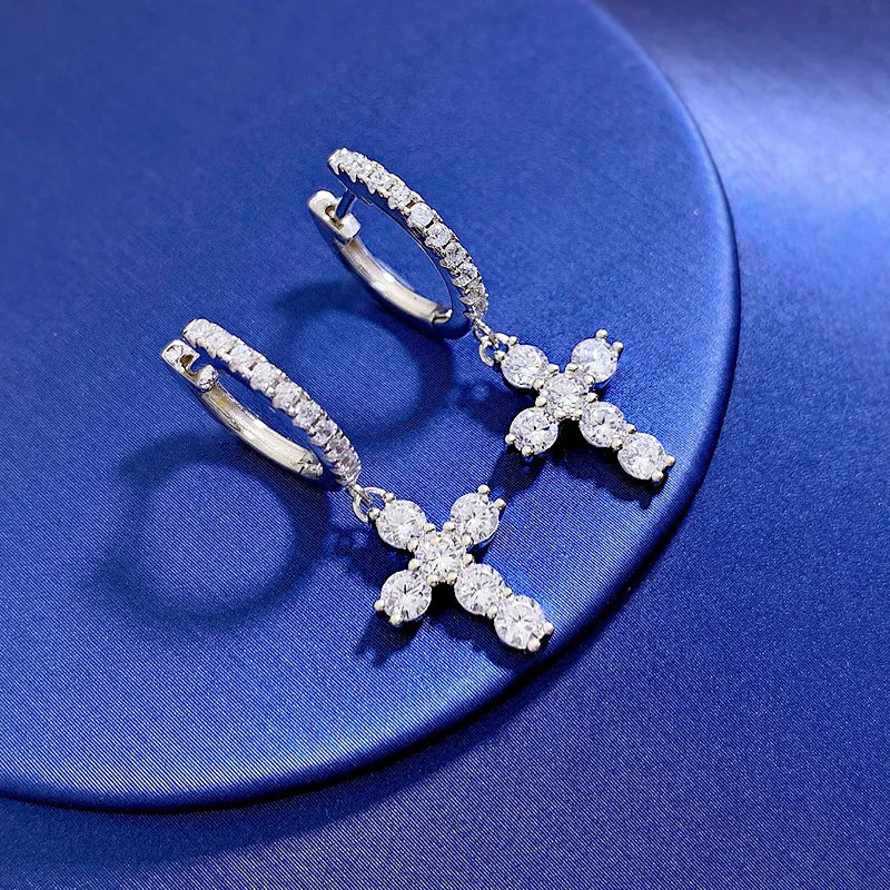 S925 Silver High Carbon Diamond Cross Earrings for Women