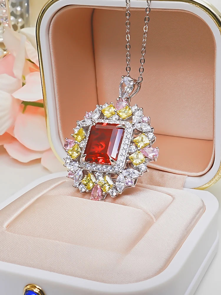 925 Sterling Silver Emerald Cut Red Gemstone Pendant Set for Women