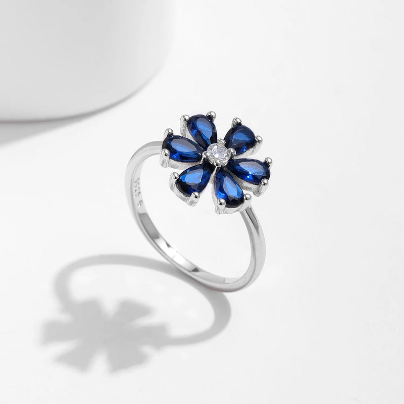 Sterling Silver Blue Water Drop Flower Ring for Women