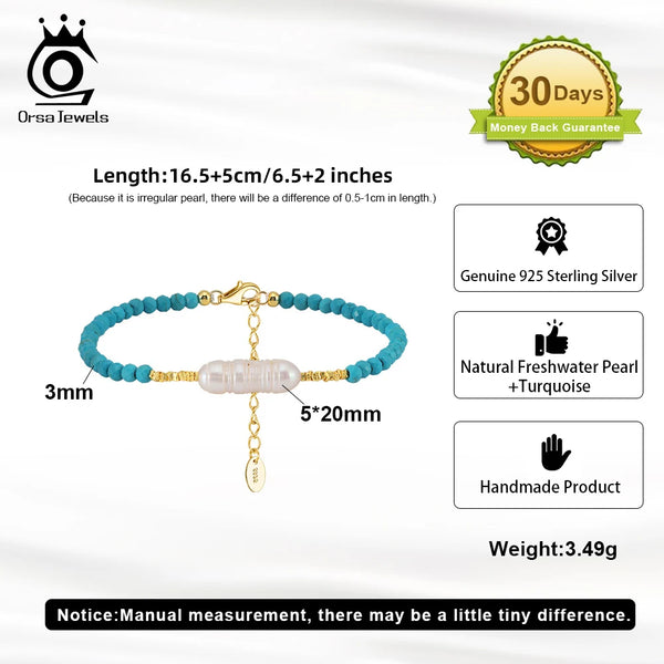 925 Silver Turquoise Stone Bracelet with Pearl for Women