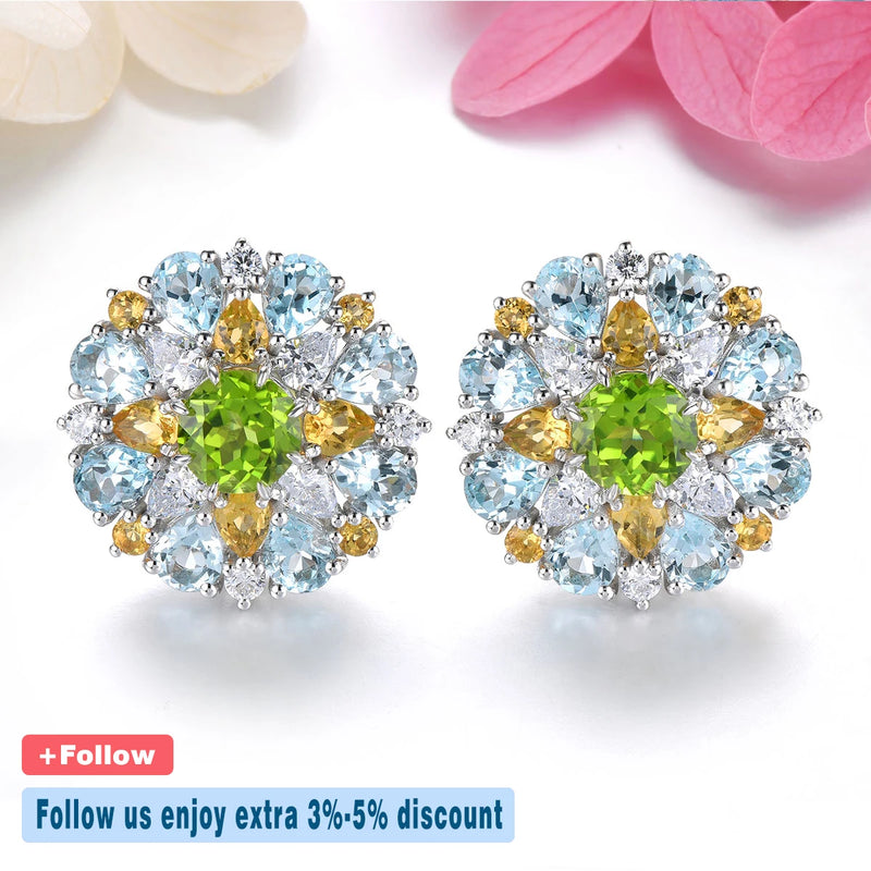 Sterling Silver Natural Peridot Citrine Blue Topaz Stud Earrings 10 ctw for Women