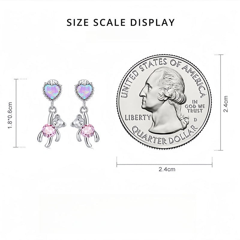 Silver Opal Heart Bear Stud Earrings for Women