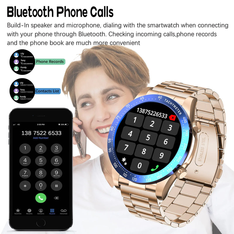 Gold Smart Watch with NFC AMOLED HD Screen Heart Rate Monitor and Bluetooth Call for Men & Women