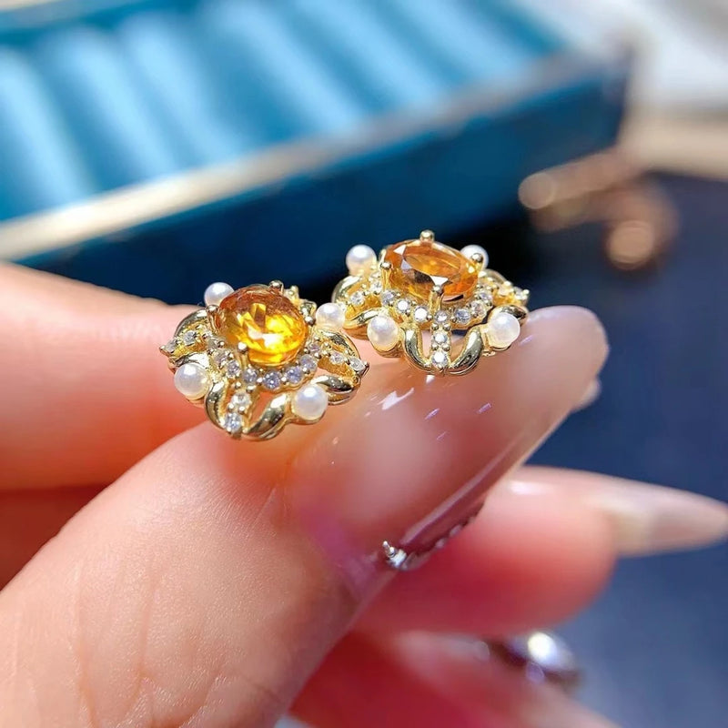 925 Silver Citrine Flower Stud Earrings for Women