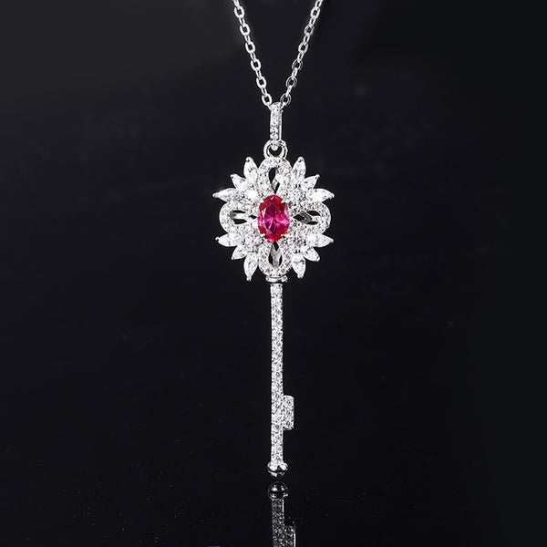 Sterling Silver 5x7mm Ruby Sapphire 0.05ct Diamond Key Pendant for Women