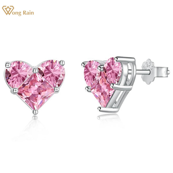Wong Rain 18K Gold Plated 925 Sterling Silver Lab Pink Sapphire Gemstone Love Heart Studs Earrings for Women Jewelry Wholesale