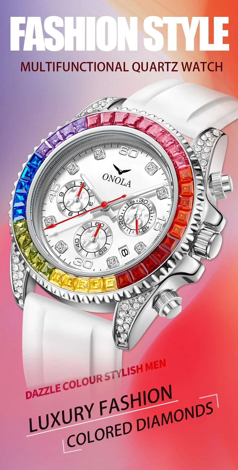 Stainless Steel Colored Diamond High-Quality Quartz Watch for Men