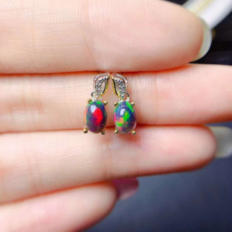 925 Sterling Silver Black Opal Earrings with Fire Colors for Women