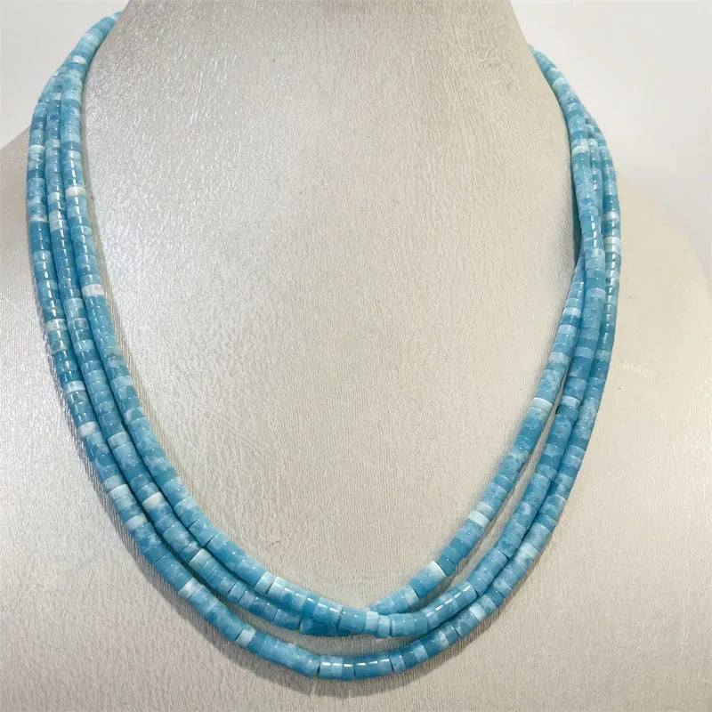 Silver Larimar Necklace, 2 ct, Sea Blue Vein, Multilayer Beaded Chain Choker for Women