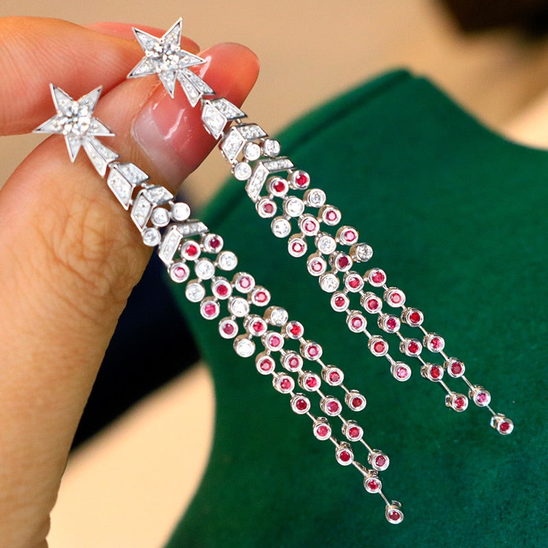 18K White Gold Ruby and Diamond Tassel Earrings for Women