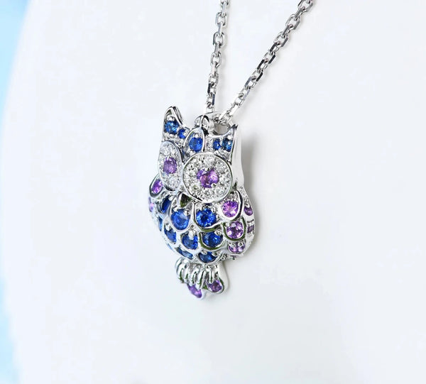 14k White Gold Owl Sapphire Diamond Amethyst Pendant for Women