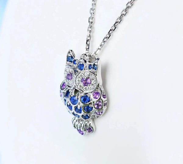 14k White Gold Owl Sapphire Diamond Amethyst Pendant for Women