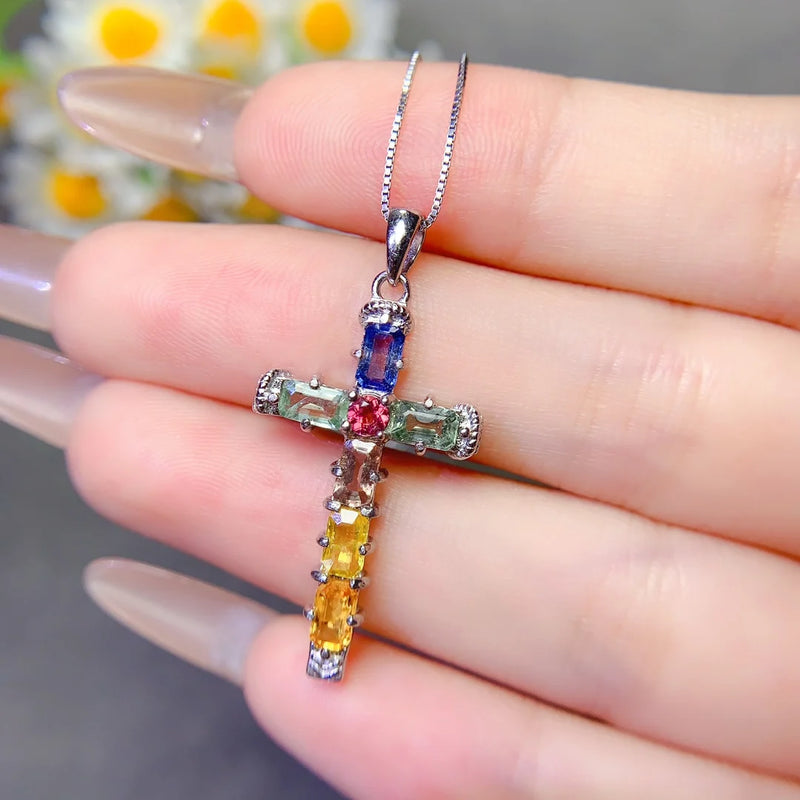 925 Silver Sapphire Cross Pendants for Her