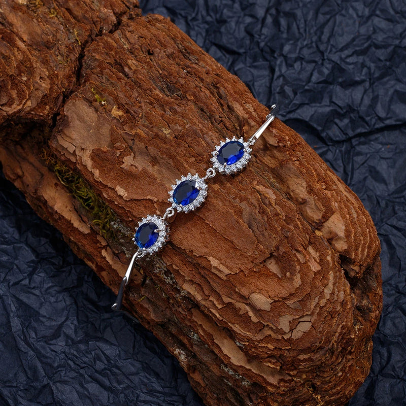 Sterling Silver Oval Blue Diamond Egg Shape Bracelet for Women