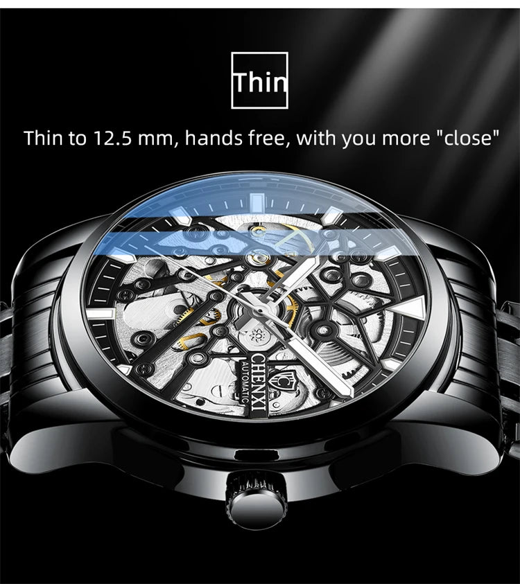 Stainless Steel Hollow Automatic Self-Wind Luminous Mechanical Watch for Men