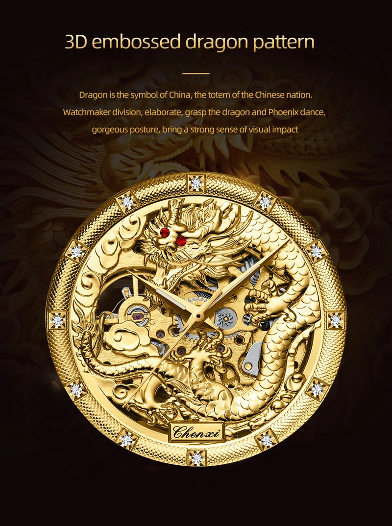 Gold Stainless steel 3D embossed dragon pattern automatic mechanical watch for Men