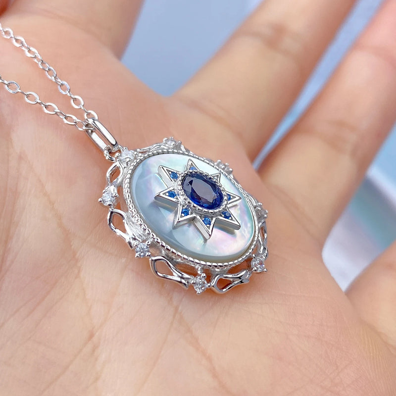 Sterling Silver Natural Sapphire Round Pendant Necklace for Women