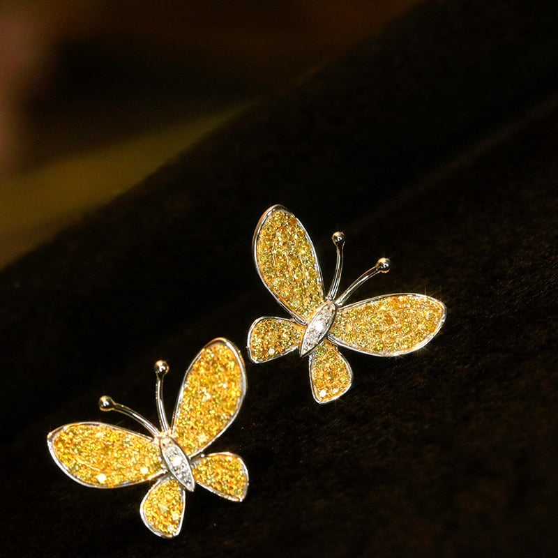 18K Yellow Gold Natural Yellow Diamond Butterfly Stud Earrings for Women