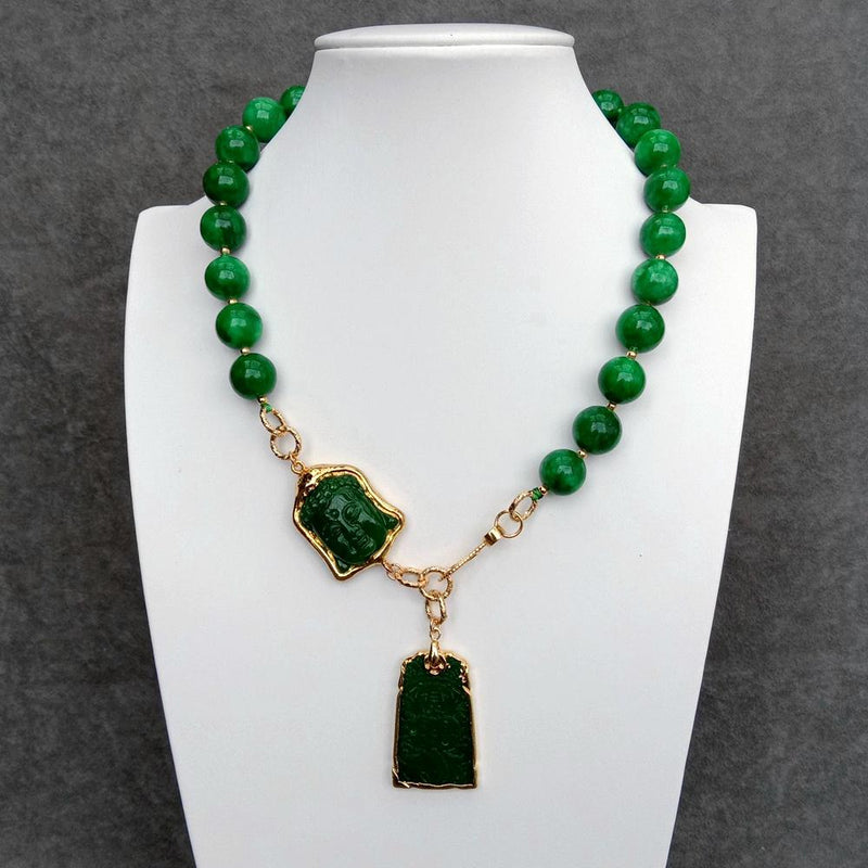 Y.YING Carved Green Jade Buddha Charm Pendant Necklace Handmade Jewelry For Gift