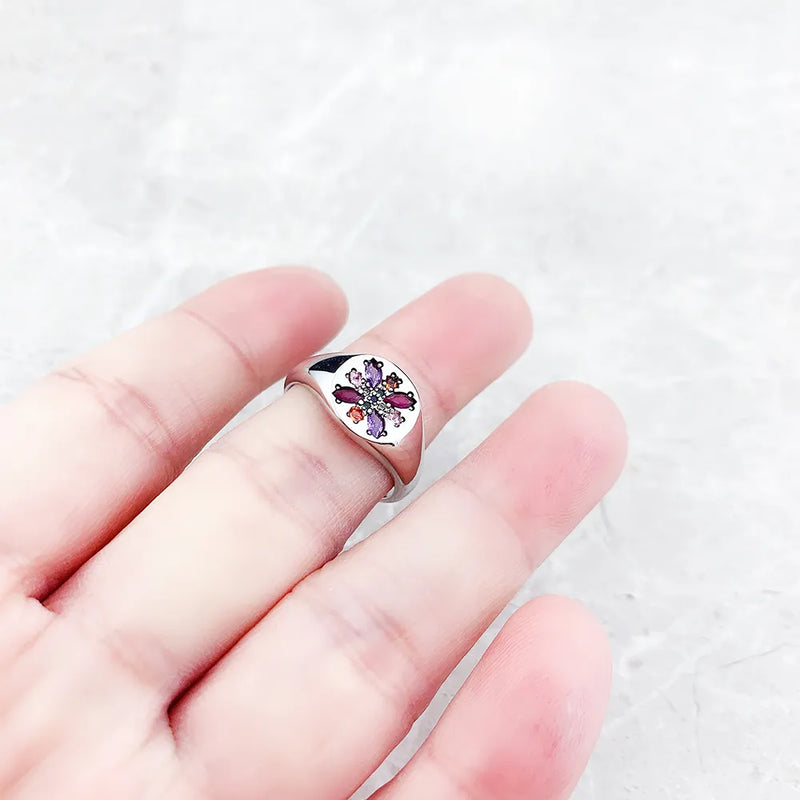 925 Sterling Silver Colorful Stone Flower Ring for Women