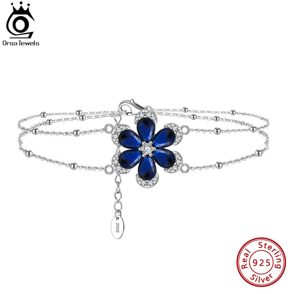 925 Sterling Silver Created Sapphire Flower Bracelet for Women