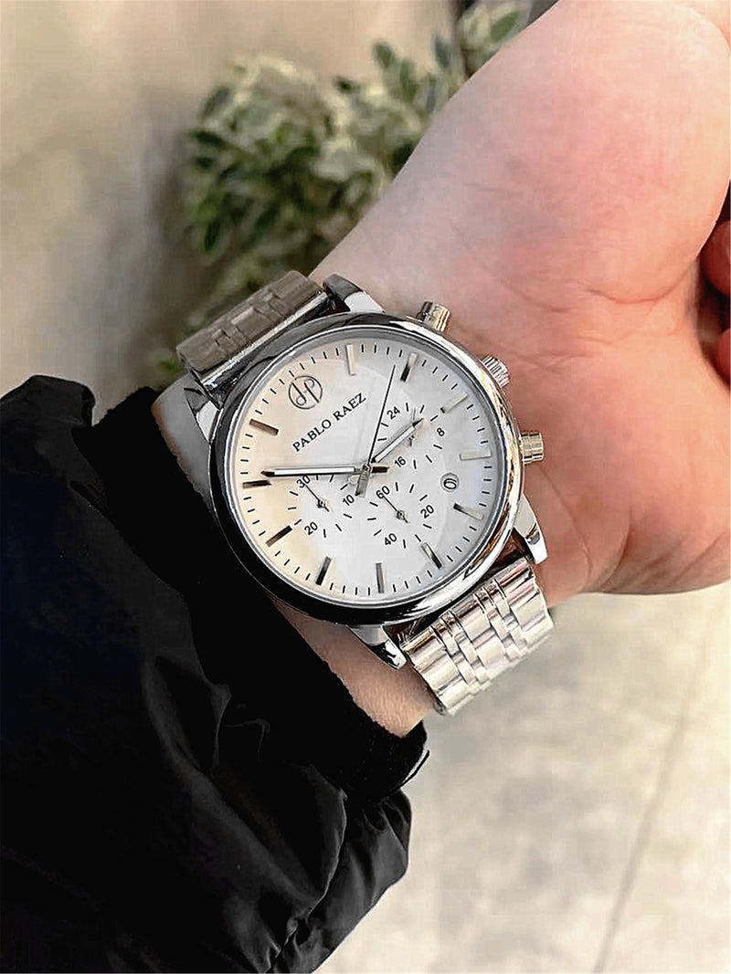 Stainless Steel Chronograph Luxury Wristwatch with Calendar and Quartz Movement for Men