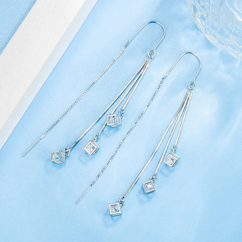 925 Sterling Silver Square Crystal Drop Earrings for Women