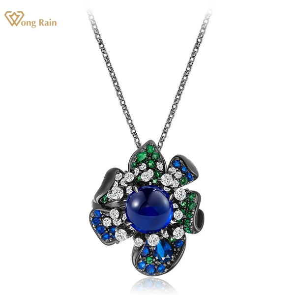 Wong Rain Vintage 100% 925 Sterling Silver 5CT Sapphire High Carbon Diamond Gemstone Flower Pendant Necklace for Women Jewelry