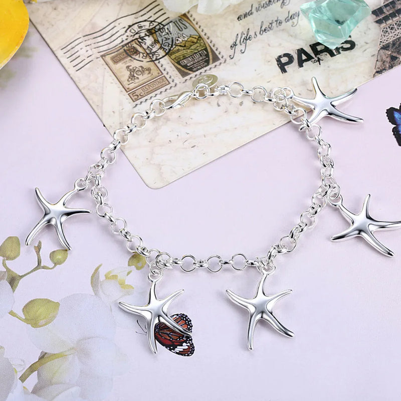 Sterling Silver Starfish Pendant Bracelet Necklace Earrings Set for Women