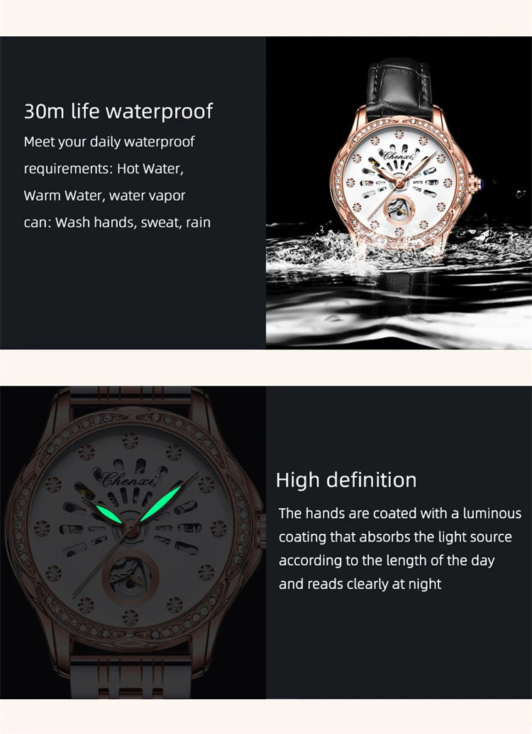 Stainless Steel Hollowed Out Automatic Diamond Waterproof Luminous Watch for Women