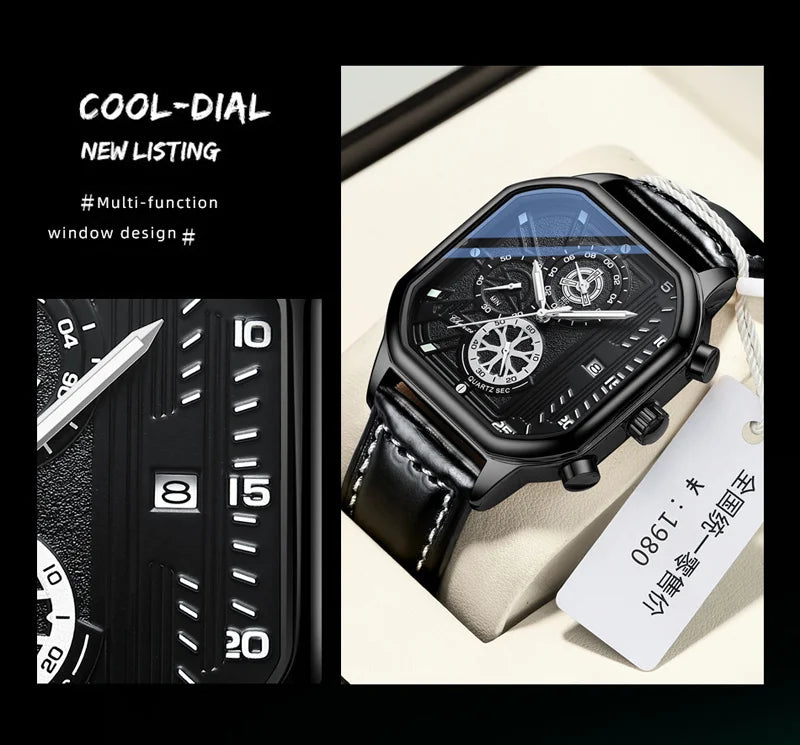 Stainless Steel Leather Multifunction Waterproof Sports Watch for Men