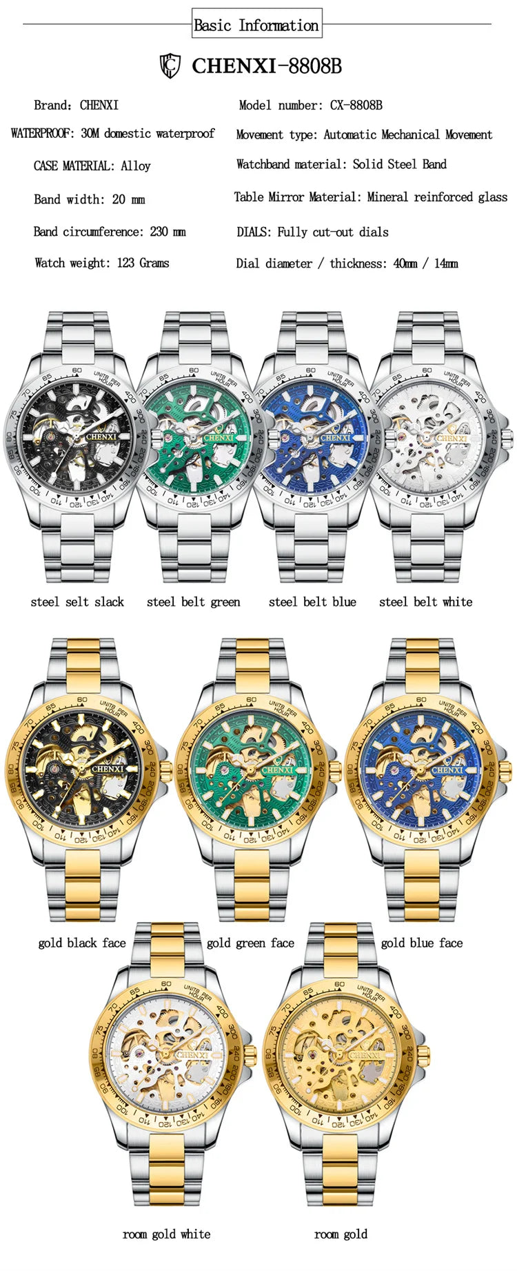 Stainless Steel Hollow Out Automatic Luminous Mechanical Watch for Men