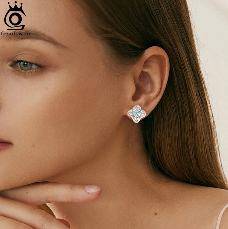 925 Sterling Silver Aquamarine CZ Stud Earrings for Women