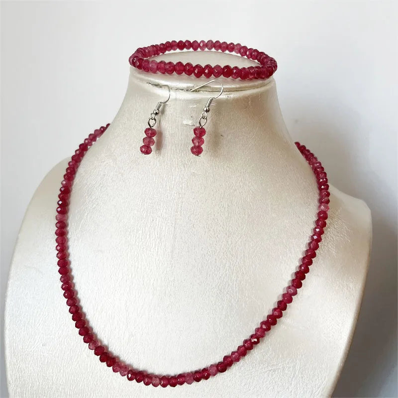 Sterling Silver, Red Ruby Jade Necklace Earrings Bracelet Set for Women