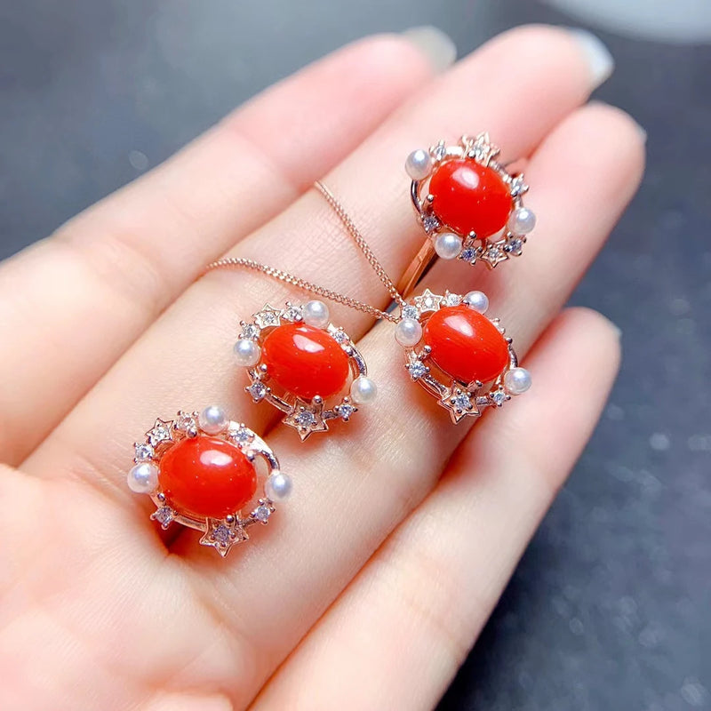 925 Sterling Silver Natural Red Coral Flower 3-Piece Jewelry Set for Women