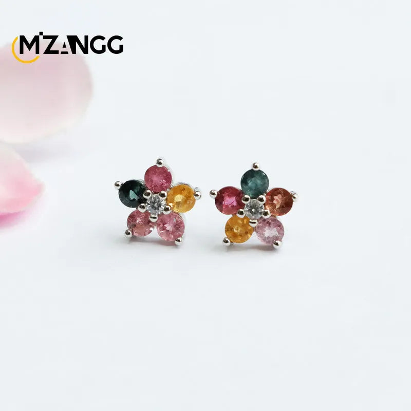 Sterling Silver Tourmaline and Jade Floral Earrings for Women