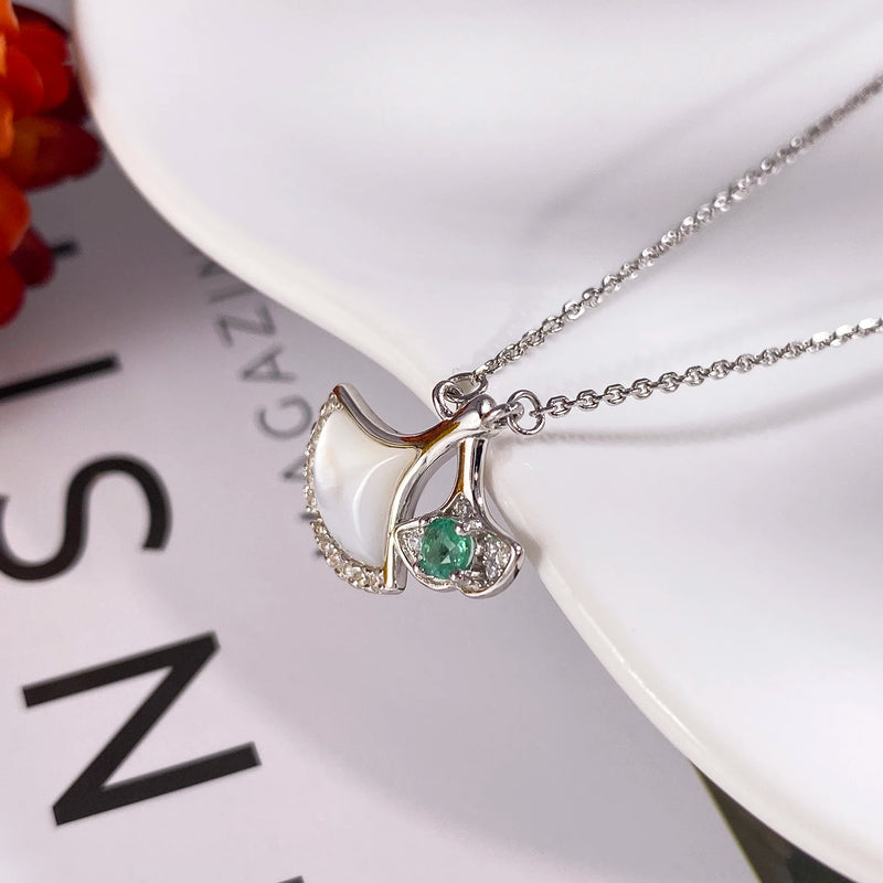 925 Sterling Silver Natural Emerald & White Shell CZ Fishtail Pendant Necklace for Women