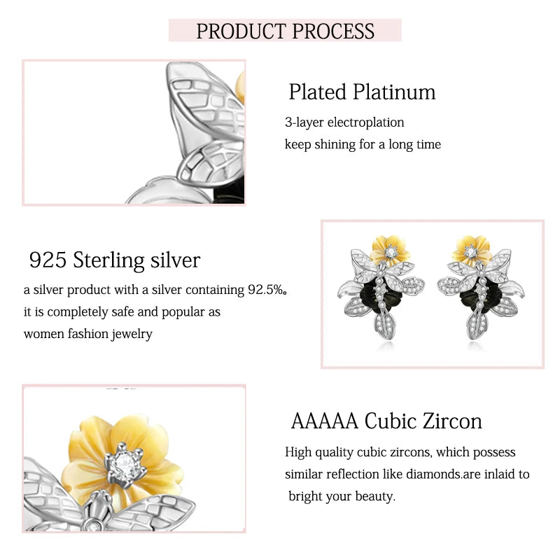 Sterling Silver Shell Flower Earrings with White Zircon for Women