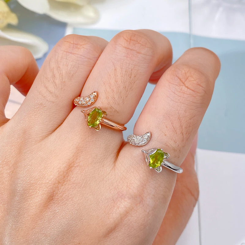 925 Sterling Silver Peridot CZ Gemstone Fox Animal Ring for Women