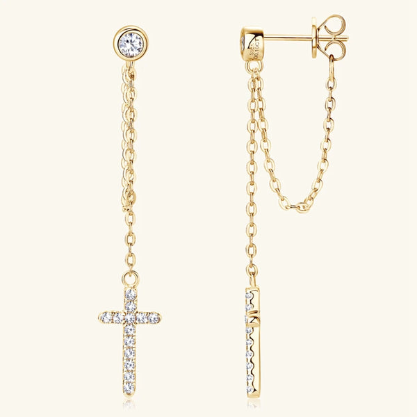 18K Gold Plated Sterling Silver VVS1 3EX Real Moissanite Cross Earrings for Women