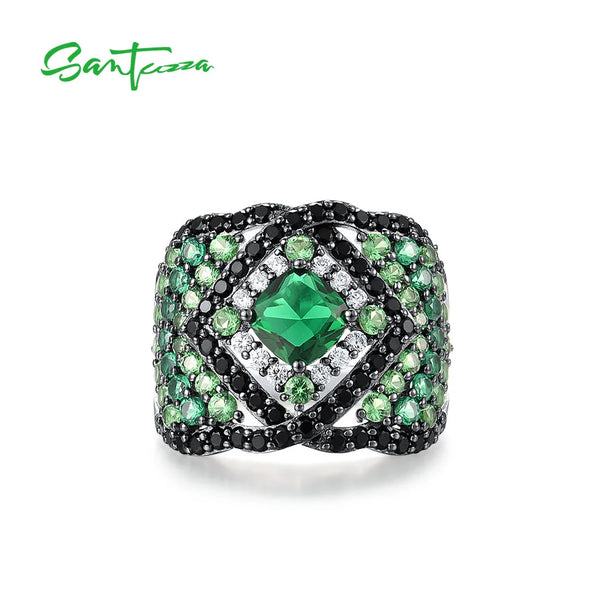 925 Sterling Silver Solitaire Ring with Green and Black Spinel and White CZ for Women