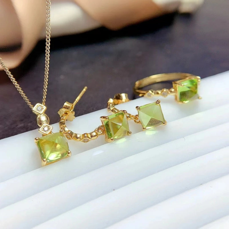 925 Sterling Silver Prehnite Ring and Necklace Set for Women